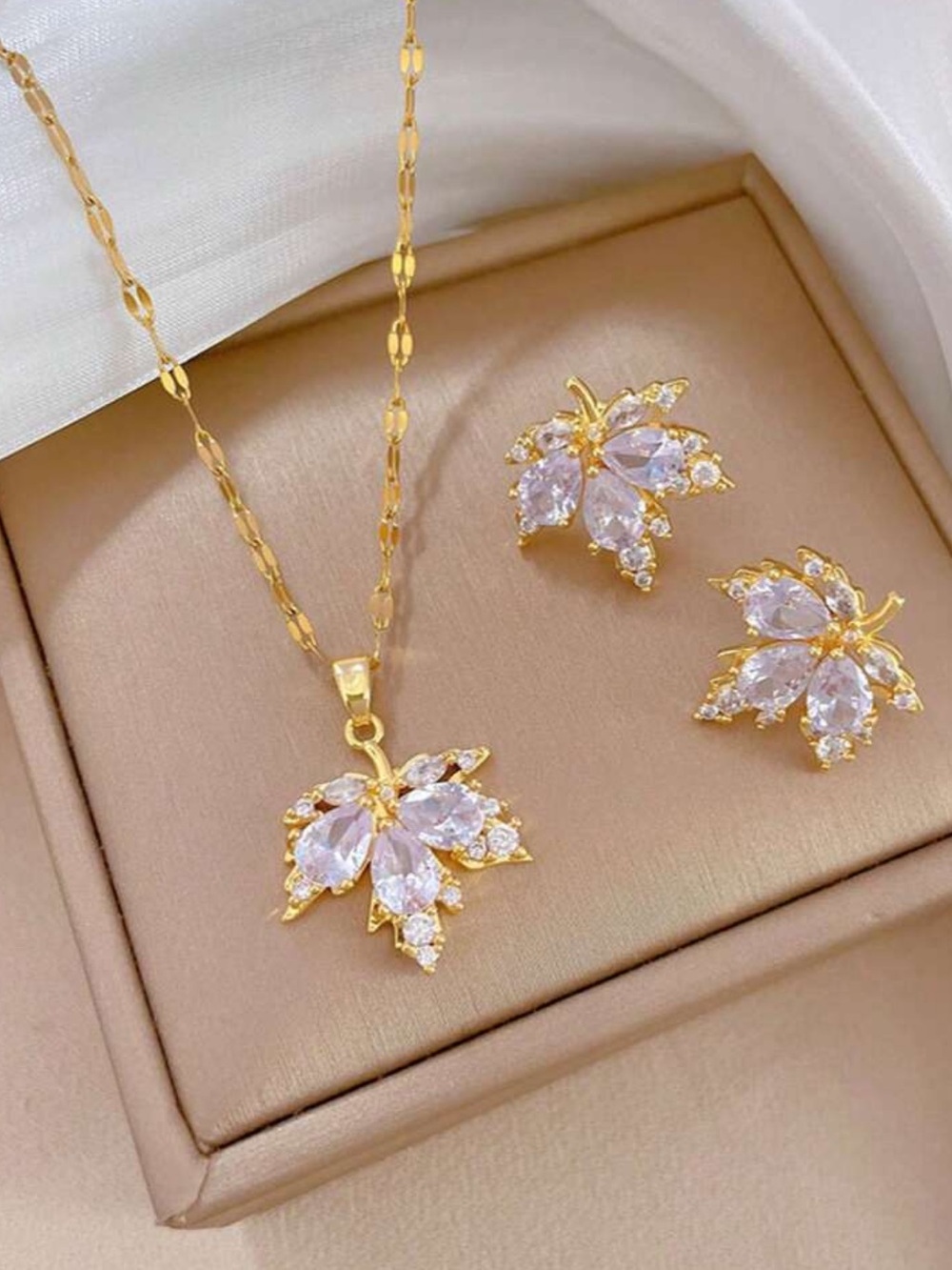 Gold-Plated Pink Crystal Leaf Necklace & Earring Set